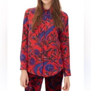 Sandro 100% Silk Red Floral Button Down Shirt Size Small